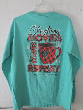 Simply Southern Turquoise Long Sleeve Tee Shirt "Christmas Movies Coffee Repeat"